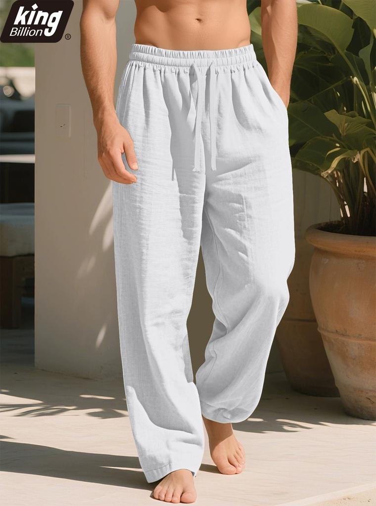 Men's Linen Blend Casual Pants — Elastic Drawstring Waist, Loose Straight Leg, Breathable Summer Trousers In Black