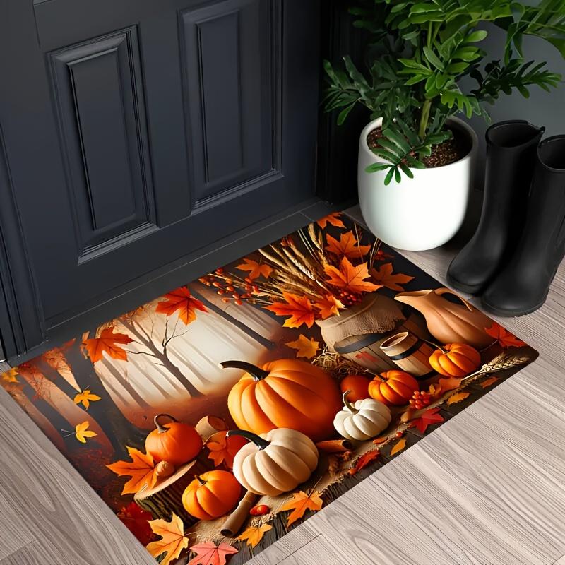 Thanksgiving Pumpkin Maple Leaf Non-Slip Door Mat Entrance Welcome Floor Mat Home Decor Kitchen Balcony Hallway Laundry Room Rug