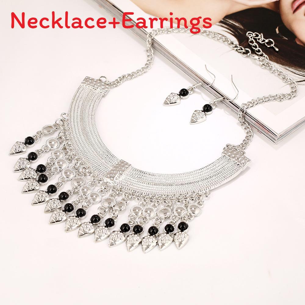 Necklace Fashion Tassel Eardrop Set With Layered Chain And Gemstone Details