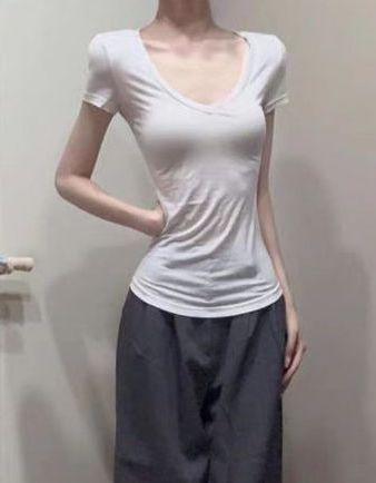 Sommer Tencel Kühl V-Ausschnitt Skinny Kurzarm T-Shirt Damen Reiner Stil Leicht Transparent Taillenraffung Süßes Gewürzmädchen Freizeit Oberteil