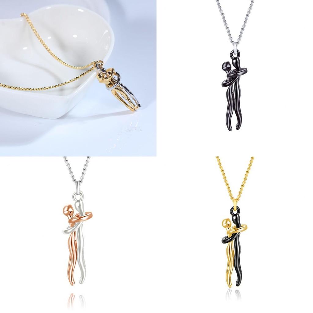 Romantic Couple Embrace Necklace Geometric Design 925 Silver Pendant Necklace