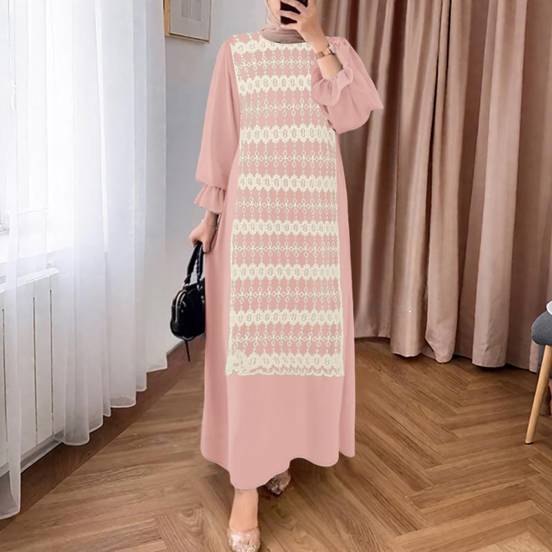 

ZANZEA Женское повседневное платье с круглым вырезом и длинным рукавом, свободное кружевное платье в стиле пэчворк 5XL розовый