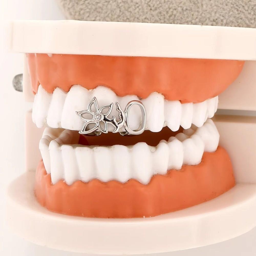 Glossy Finish Double Hollow Flower Grillz Silver Irregular Shape Tooth Grills Teeth Grillz  Party
