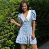 LYRIA Print Puff Sleeves Ruffled Dress Women's V-Neck High Waist Pearl Buttons Mini Dress Female Casual Vacation Fashion Dress