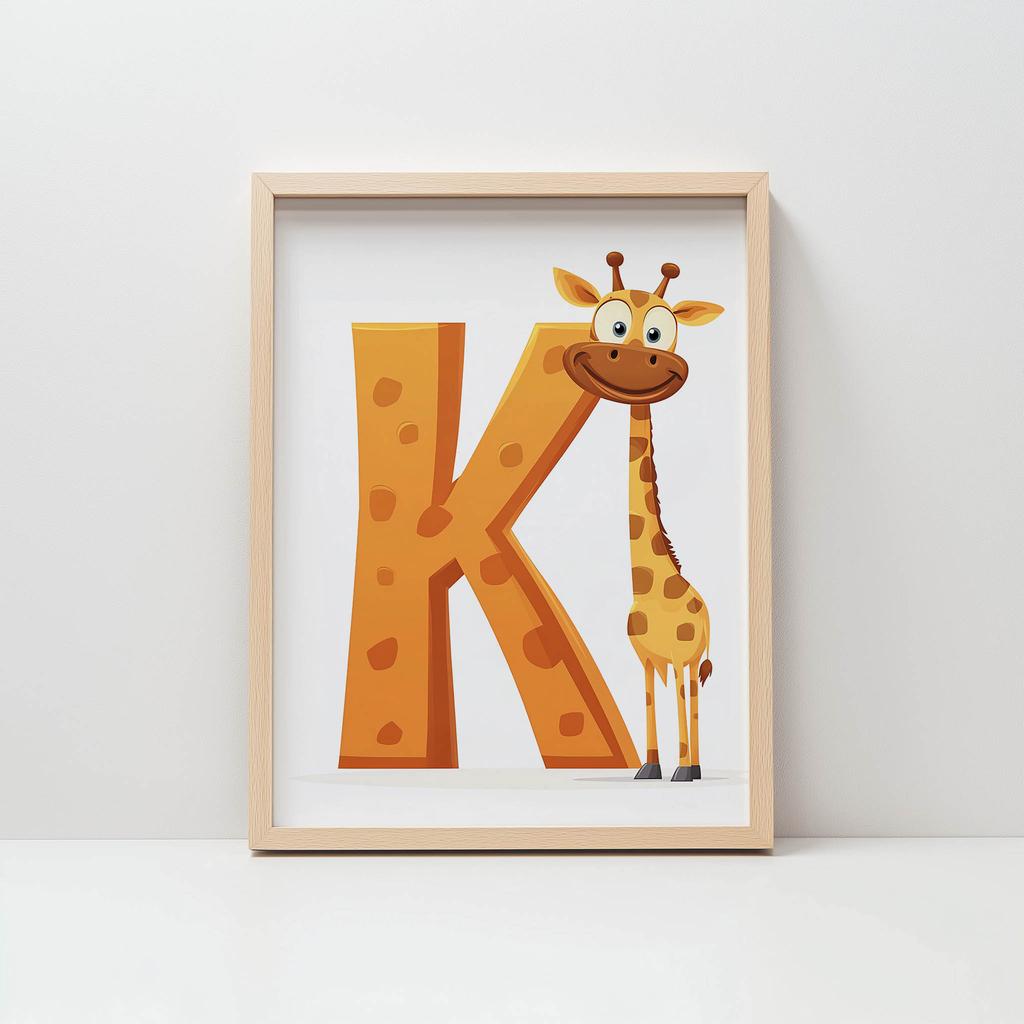 Giraff med bokstaven K - Glad affisch för barn Giraff med bokstaven K - Glad affisch för barn, 30X40 cm, Ram Trä Ljus Ek, Matt papper 230 g