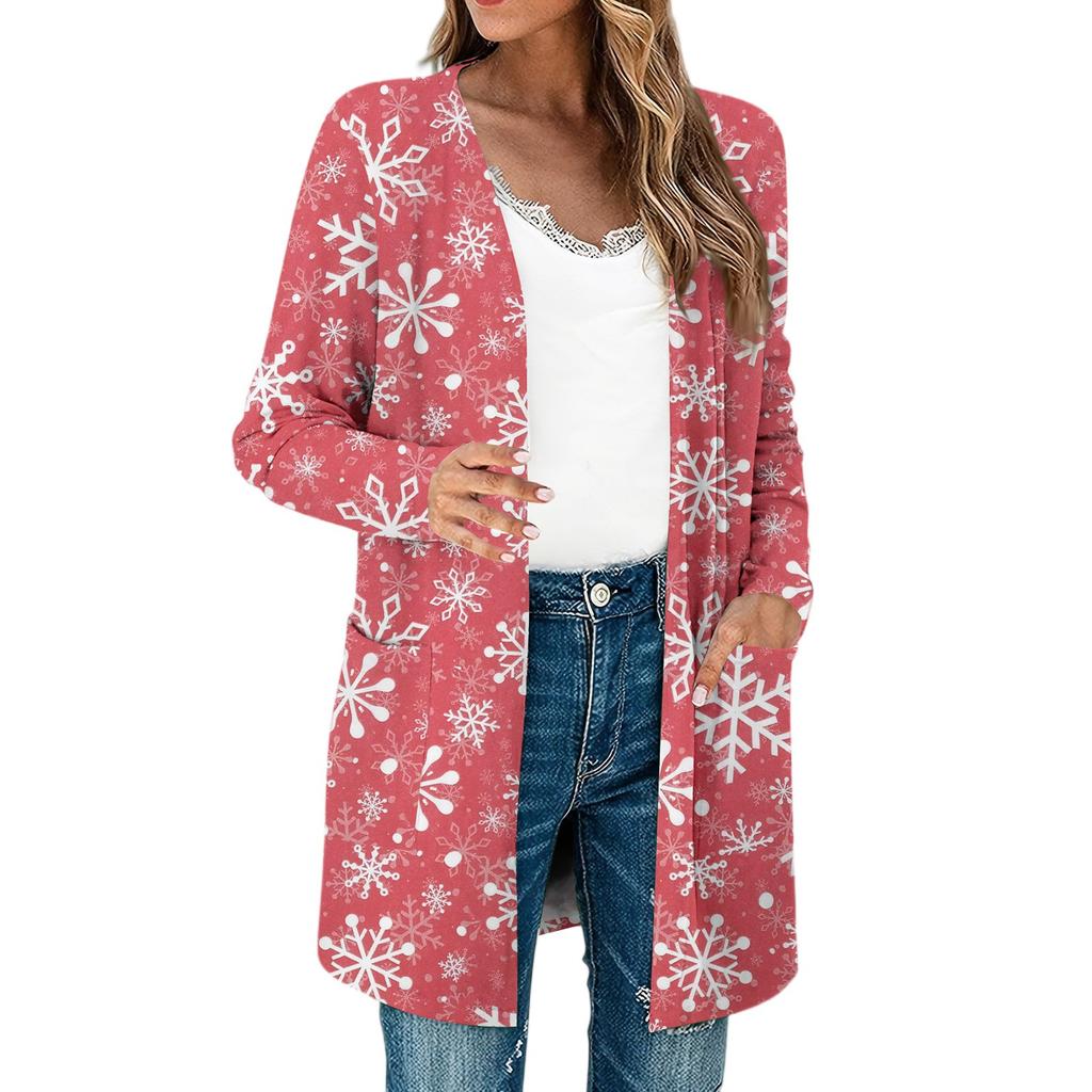 Damen Leichte Langarm Offene Strickjacken Langarm Leichter Vintage Bedruckter Mantel mit Taschen