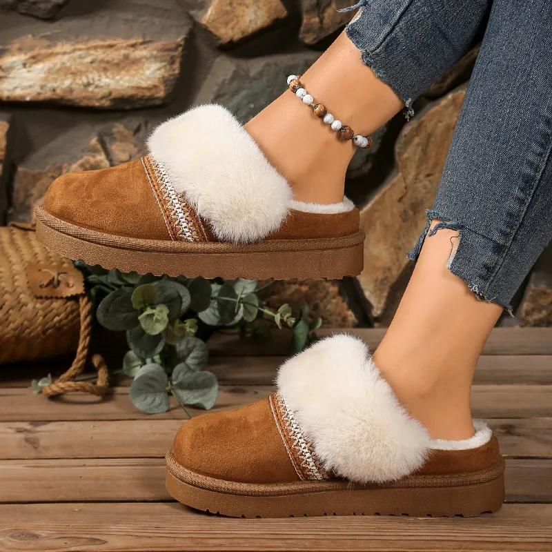 Fashion Thick Bottom Woolen Slippers Women Winter New Style Fleece Lined Bootie Toe Covering Half Slippers Leisure Footw Pantuflas Mujer