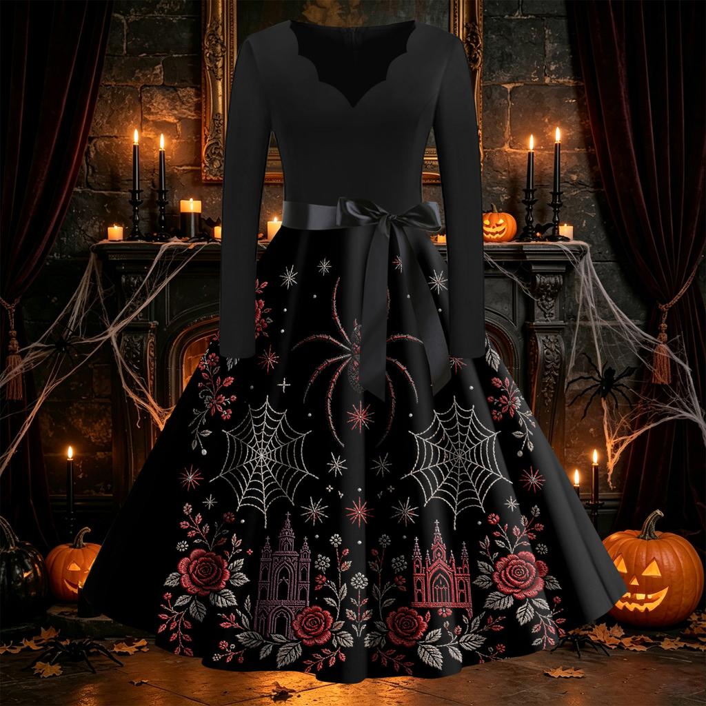 Women's Vintage Halloween Print Dress Long Sleeve V-Neck Flared Midi Dress for Party