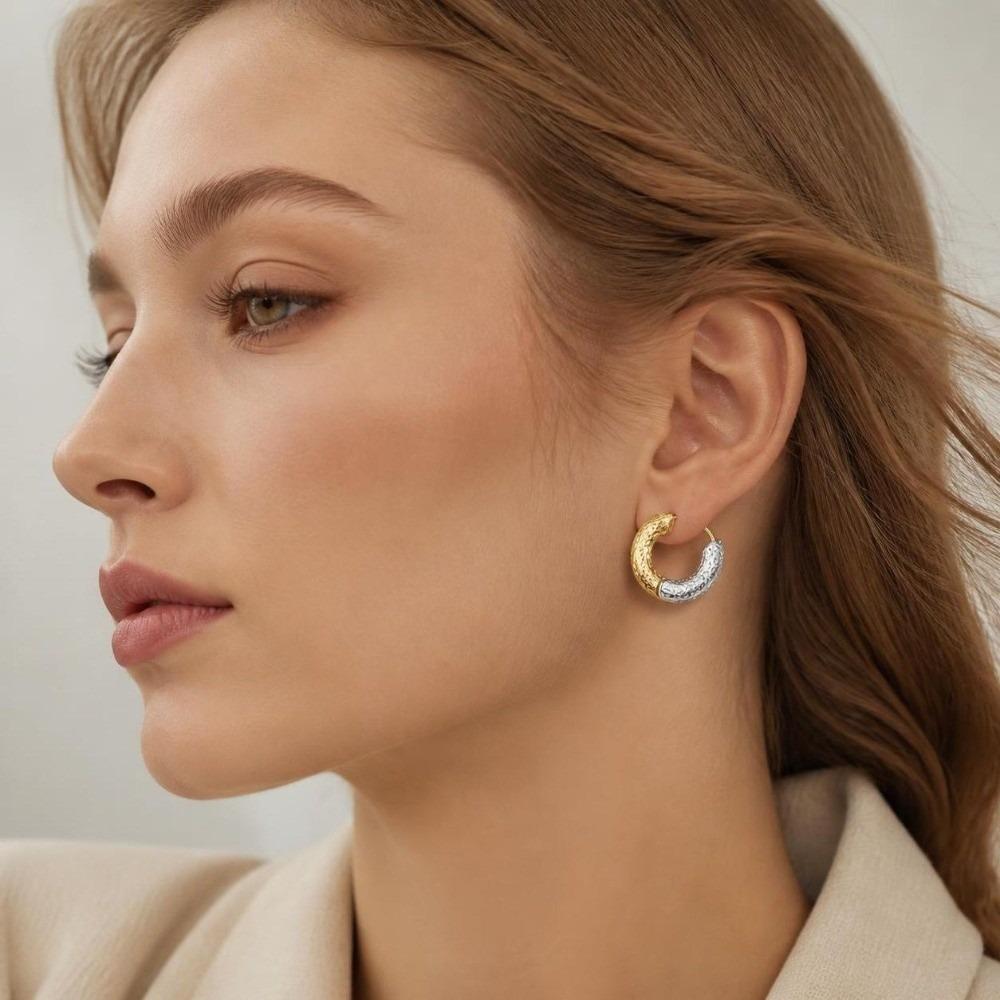 1Pair Ear Buckle Hoop Earrings Two-color Round Earrings Bicolor Earrings Girl Women