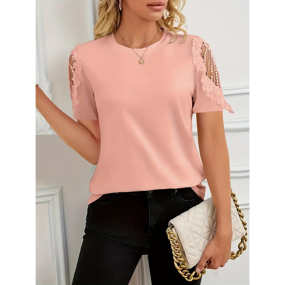 

Summer Women s Cropped Round Neck T-shirt Lace Patchwork Short Sleeve Top Trending European American Crossborder New Arrival XXL кораловий
