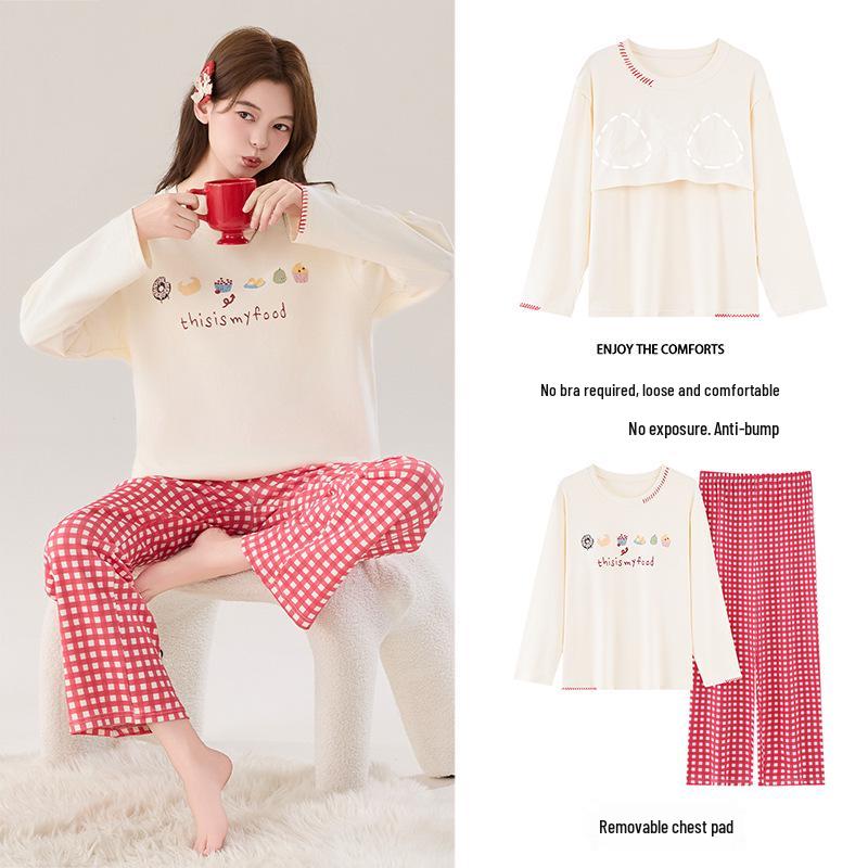 Women's Long Sleeve Cotton Pajama Set with Bra Pads - Sweet Cartoon, Plus Size, Antibacterial, Loose Fit