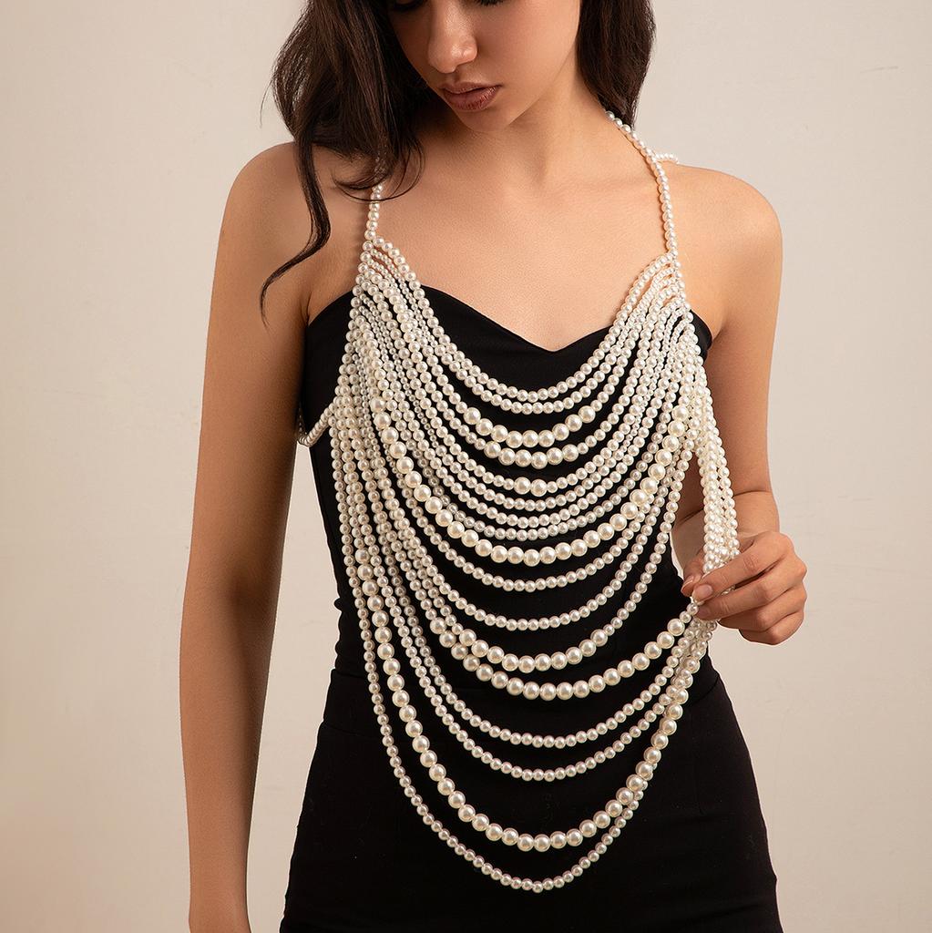 Sexy Beach Imitation Pearl Chain Halter Top Bikini Chest Chain Personalized CCB Beaded Body Chain