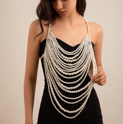 Sexy Beach Imitation Pearl Chain Halter Top Bikini Chest Chain Personalized CCB Beaded Body Chain