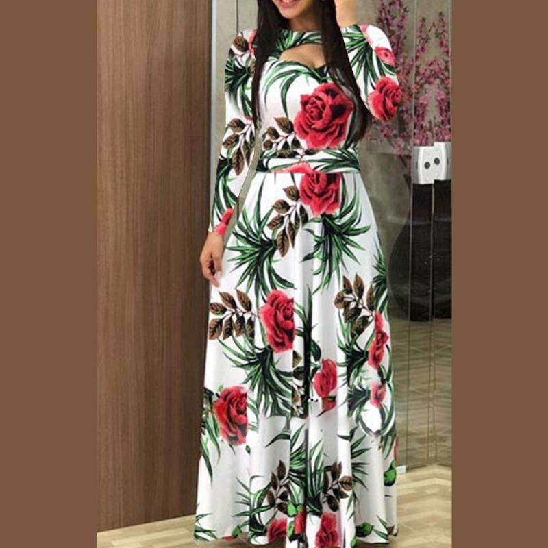 Böhmisches Kleid mit Blumendruck, langen Ärmeln, für Damen, Frühling, Herbst, lange Kleider, Rundhalsausschnitt, weiter Schwung