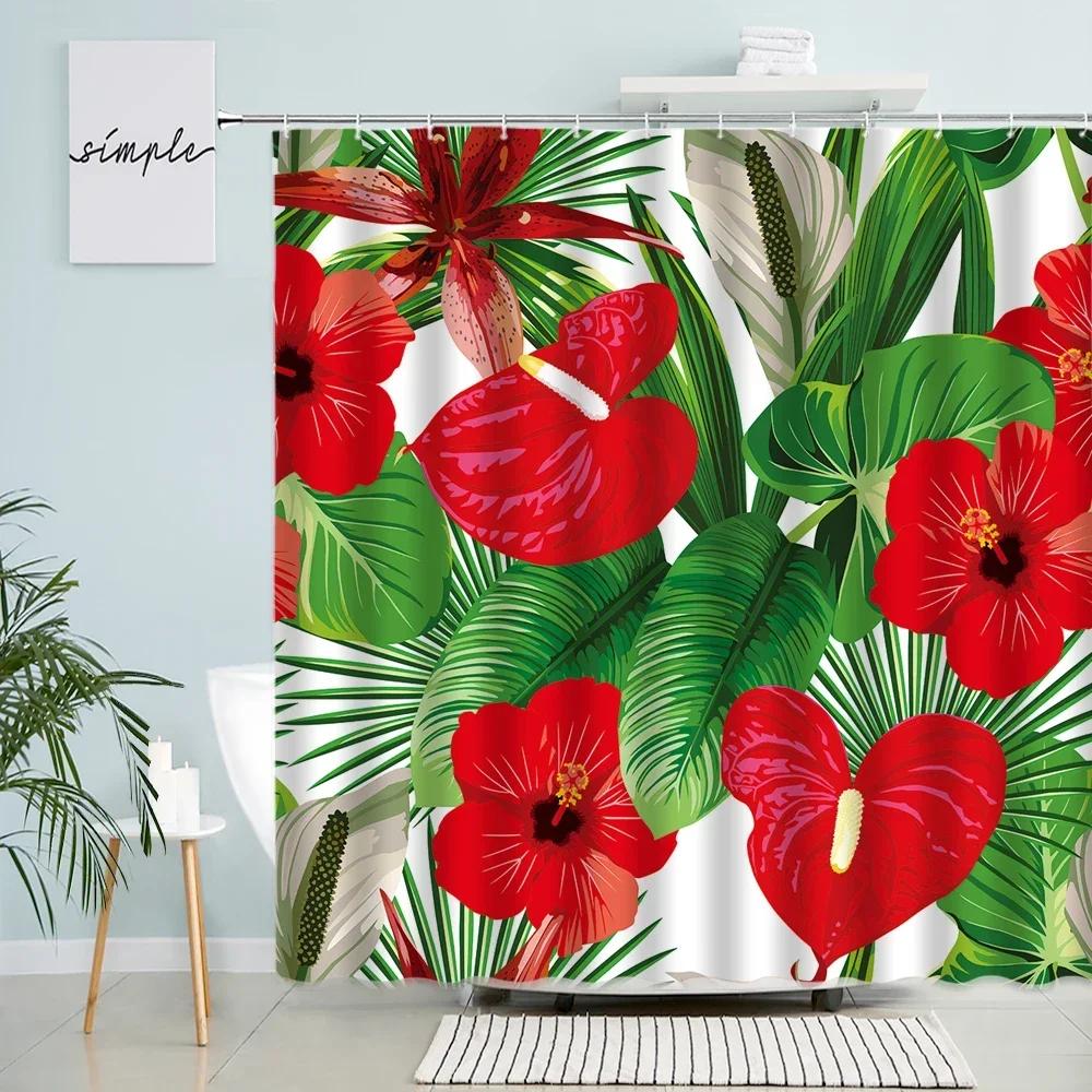 Tropical Monstera Palm Leaves Shower Curtains Watercolor Banana Leaf Green Plants Bath Curtain Waterproof Fabric Bathroom Decor