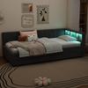 Sofa Bed Daybed 90x200cm, 2 Drawers, 16-color LED, USB+Type-C, Storage Compartment, Slatted Frame, Linen, Grey (without Mattress)