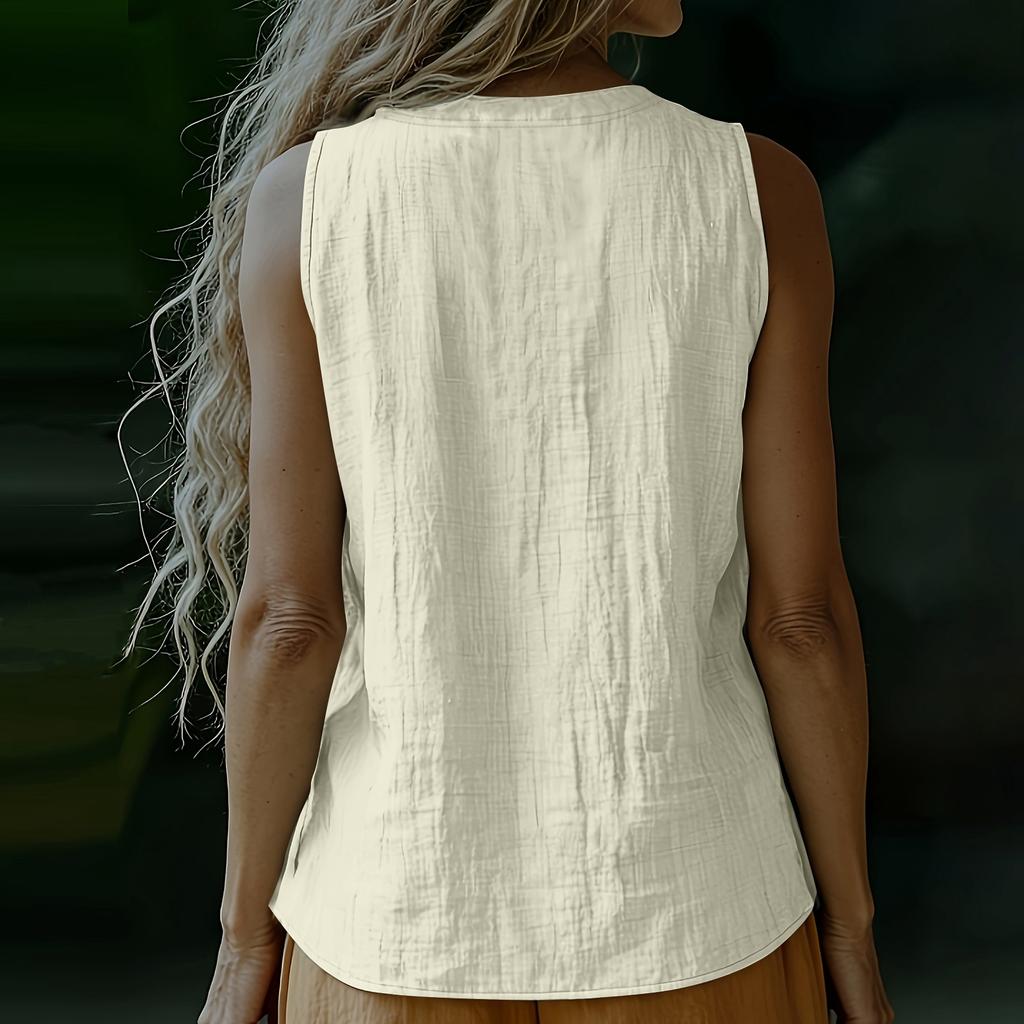 Sleeveless V Neck Button Front Casual Top Linen Cotton Blend Summer Shirt Lightweight Breathable Fabric Comfortable Fit