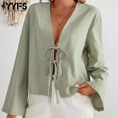 Women's Fashion Casual Spring Fall Solid Color Print Long Sleeve V-Neck Blouses & Shirts