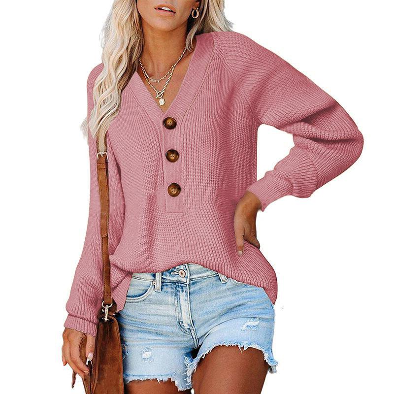 Popular Top Women's Button Design V-neck Pullover Sweater Women's Autumn and Winter Loose Outer Wear Lazy European and American Style