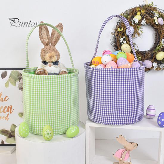 Gingham Easter Bucket for Kids Nursery Storage Bag New Baby Gift Basket with Handle for Easter Egg Hunts Parties