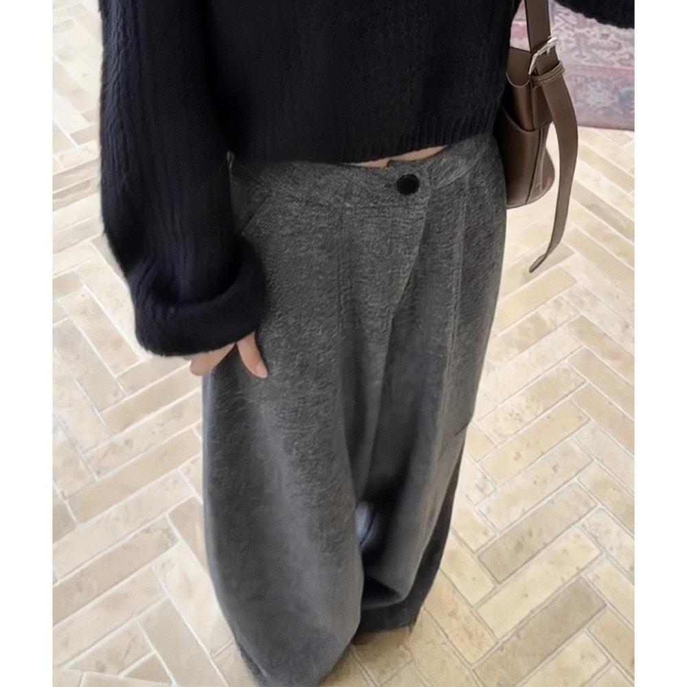 Women's High Waist Wide Leg Pants Loose Fit Casual Solid Gray Wool Blend Trousers for Winter