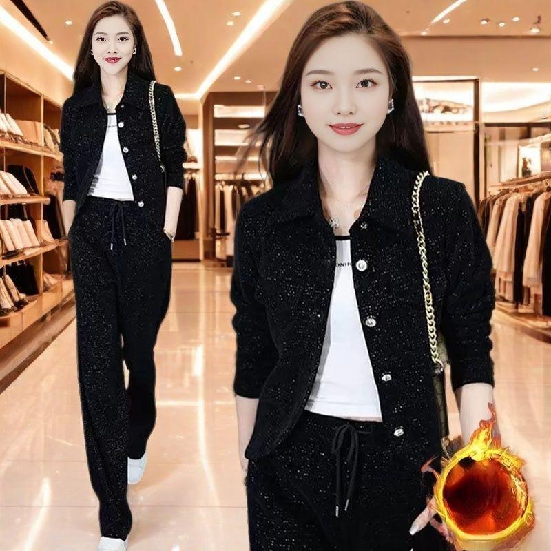 Fashionable Velvet Thickened Casual Suit for Autumn and Winter, Elegant Loose Jacket and Trousers Two-piece Set