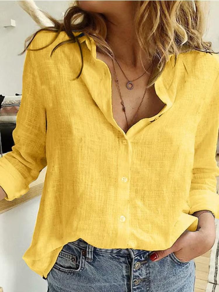 Camicie Eleganti in Cotone e Lino da Donna Casual Monocolore Bottoni Collo a Revers Camicie Autunno Inverno Manica Lunga Top Larghi Tunica Bluse
