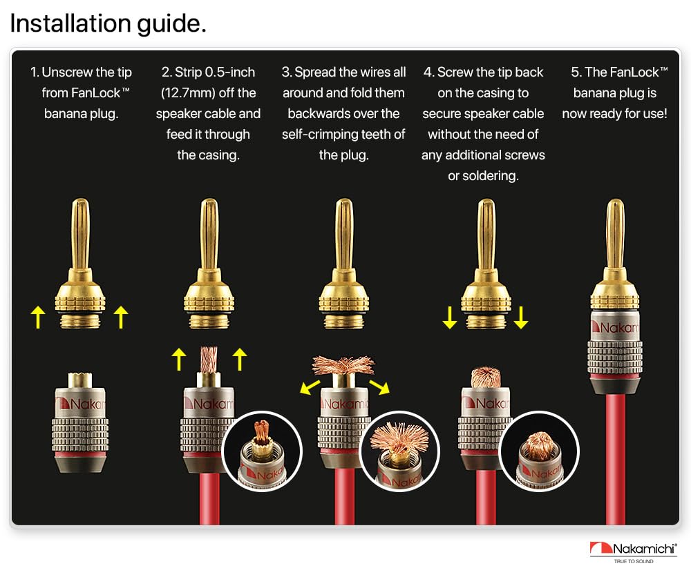 Nakamichi FanLock Excel Series 24k Gold Plated Banana Plugs 10 AWG 18 AWG Gauge Size 4mm for Speaker Amplifier Stereo Home Theater Radio Audio Wire