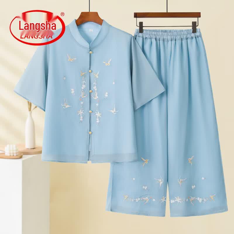Langsha Women s Embroidered Short-Sleeve Shirt & Wide-Leg Pants Set 2XL