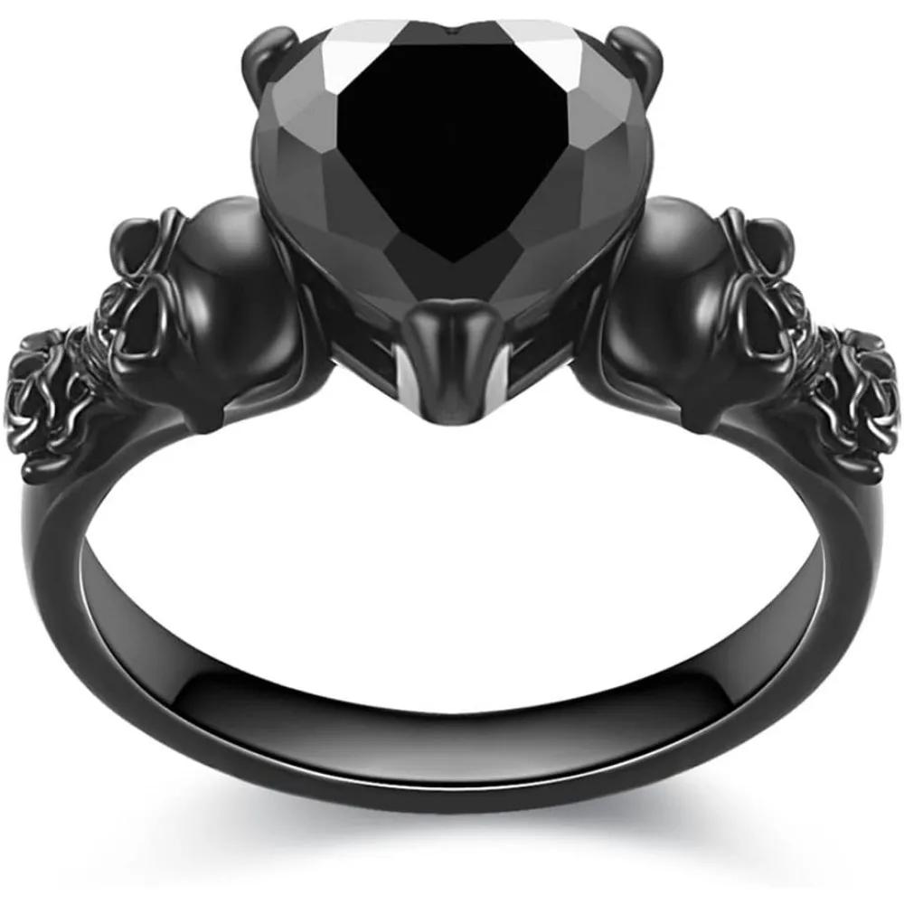 Gothic Skull Heart Ring for Women, Black Gold Tone with Red Purple Crystal Zirconia, Ideal Gift for Valentine's Day Mother's Day