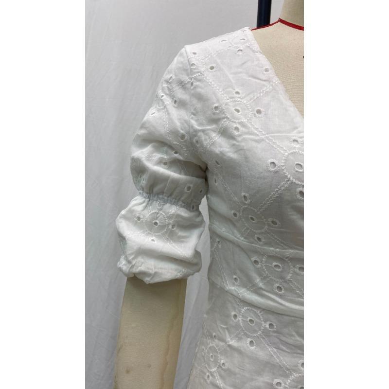 Women's Summer Deep V Bubble Sleeve Lace Hollow Slim Long Dresses