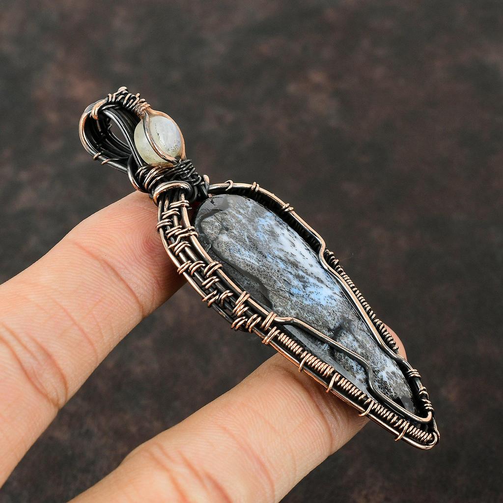 Blue Dendrite Opal Gemstone Pendant Copper Wire Wrapped Pendant Moonstone Pendant Gift For Her Handmade Copper Pendant Wire Wrapping Jewelry