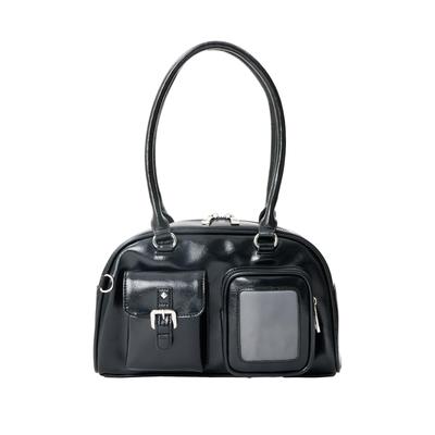 [Coboca+] C25412 Synthetic Leather Double Pocket Clear Window Bag, 3 Colors (BlackIvoryPink), Photo Card Storage (Black)