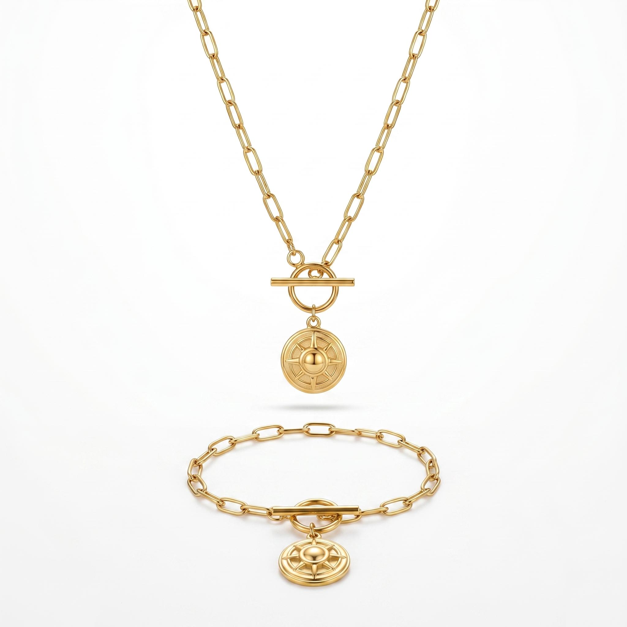 QIAOREN 11897 Waterproof Compass Sun Disc Jewelry Set 18K Gold Stainless Steel 2Pcs Toggle Clasp Paperclip Chain Jewelry золотой