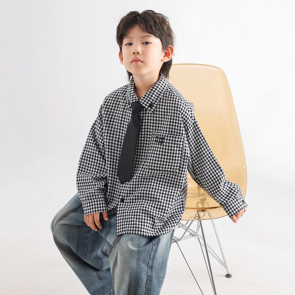 Boys' Spring 2025 Trendy Plaid Loose Shirt with Korean Tie Style