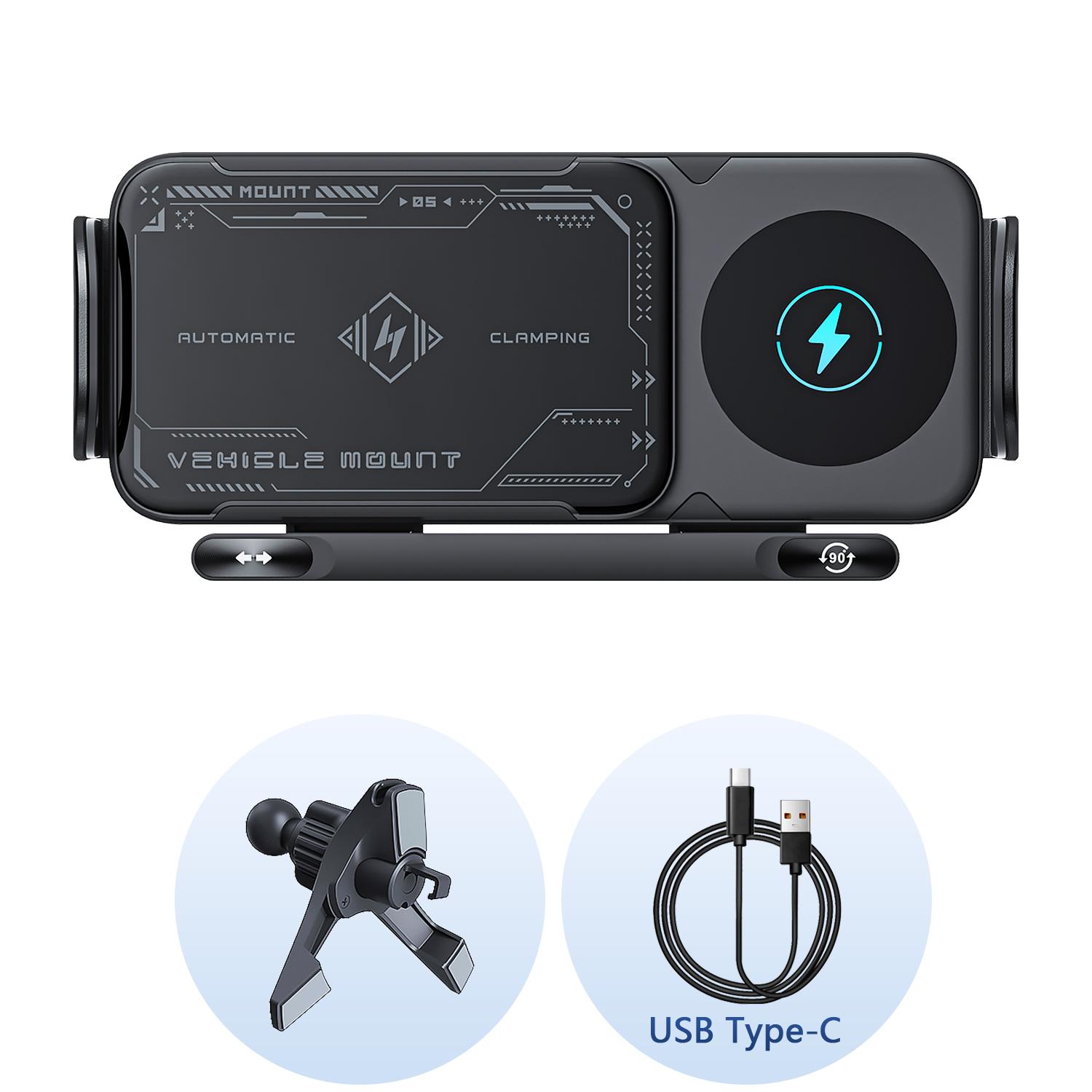 Foldable Phone Holder Car Wireless Charging Phone Mount Universal Phone Holder Intelligent Induction Electric Rotation Charger чёрный