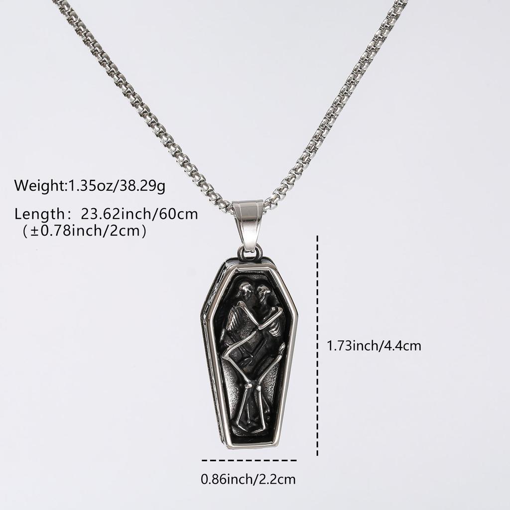 Vintage Skeleton Coffin Pendant Necklace with Thick O-Ring Chain, 304 Stainless Steel