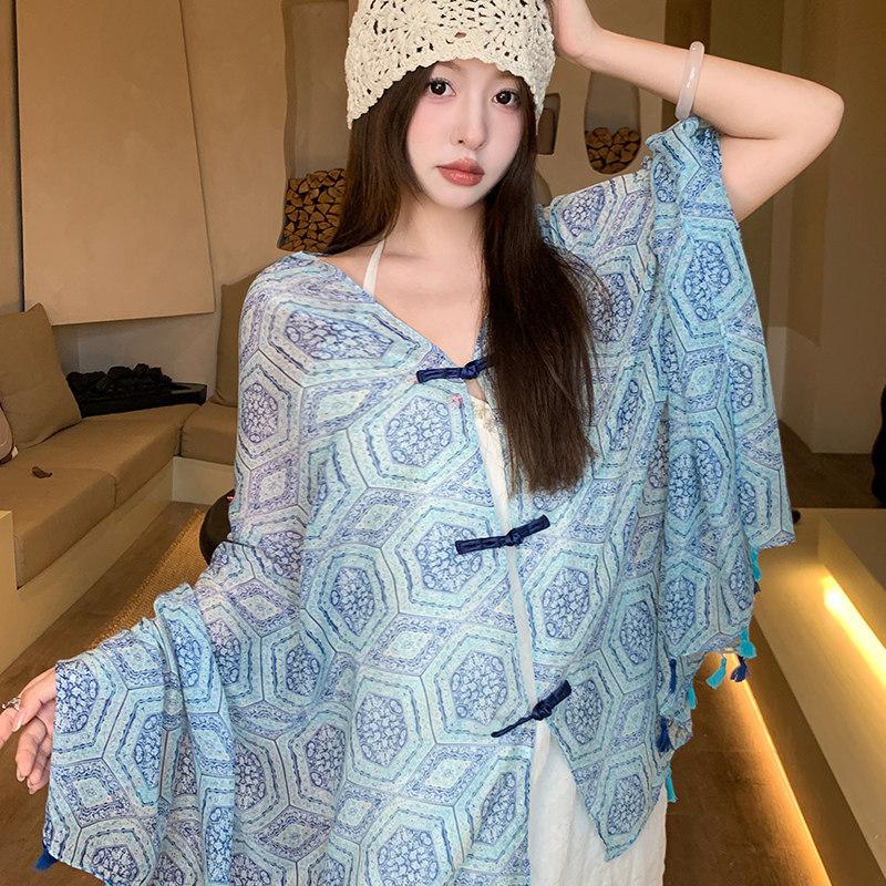 Small fresh white floral silk scarf women's summer travel buckle sunscreen large shawl beach towel thin yarn scarf scarf