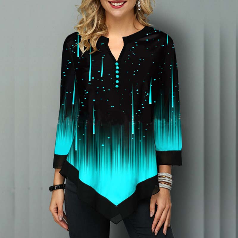 Women Fashion Long Sleeve Top Summer Fall 3D Digital Print V Neck Irregular Loose T Shirt