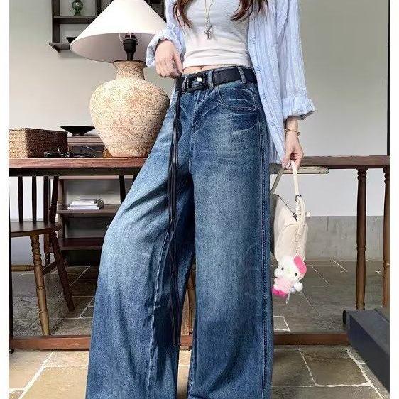 American Retro Wide-Leg Jeans for Women - Plus Size, Korean Style, Loose Fit, Floor-Length Pants for Autumn and Winter