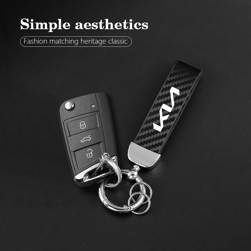 YBVX3 Carbon Leather Luxury Car Logo Keychain Zinc Alloy Emblem Keyring For KIA EV6 Stinger RIO Sorento Picanto Ceed Borrego Syros K4