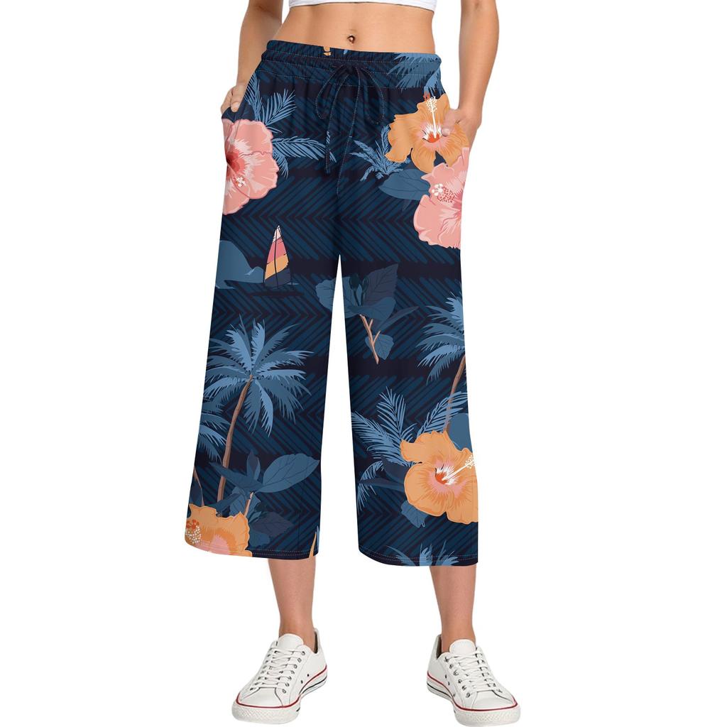 Damen Sommer Hohe Taille Bedruckte Freizeit-Sportbekleidung Lässige Cropped-Hose Weite Hose