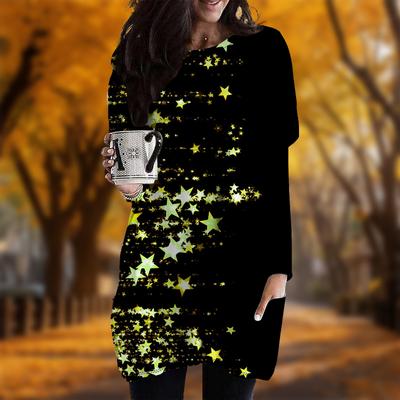 Neu im Herbst Meteor-Print Übergröße Kleid Damen Rundhalsausschnitt Langarm Lässige Taschenkleider