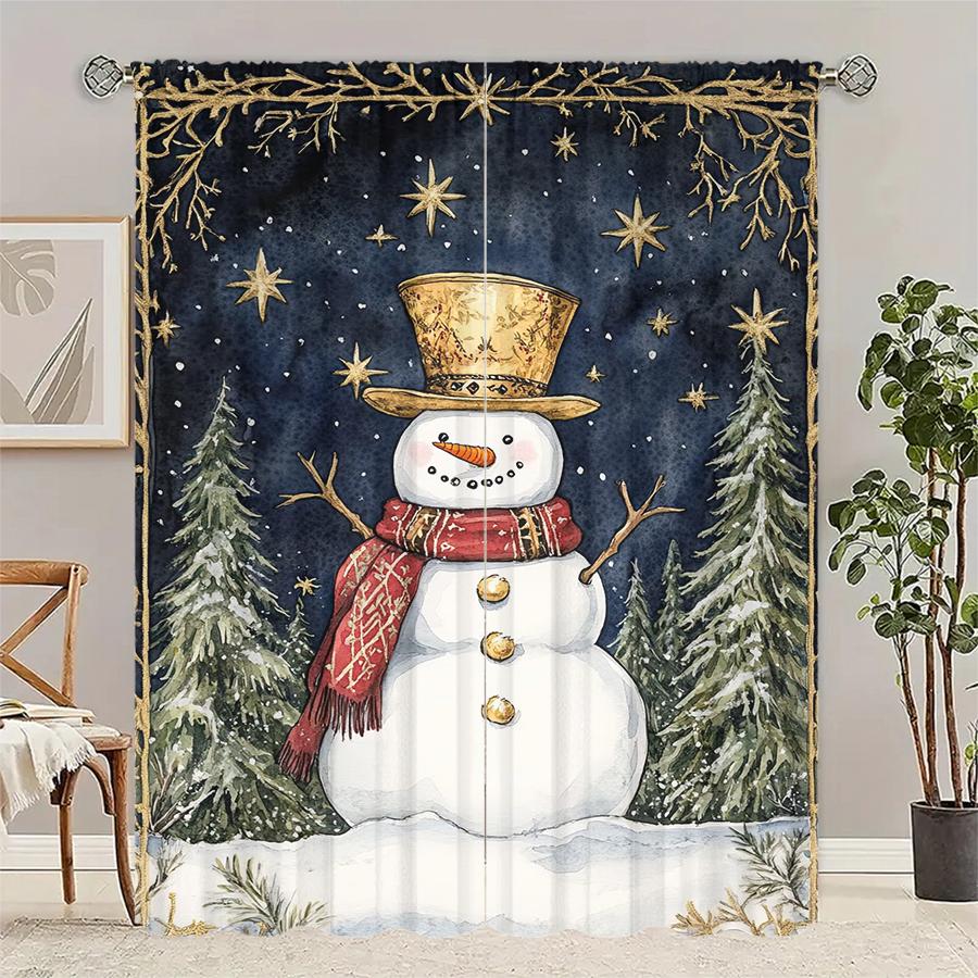 2 pieces - Retro Christmas snowman print curtains   Christmas decorations   home decorations   room decorations