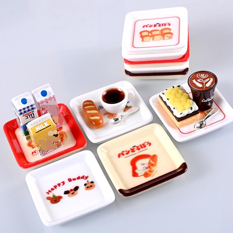 1/12 10Pcs Dollhouse Cartoon Mini Tray Dishes Set Dollhouse Simulation Kitchen Decoration Toy Kid Pretend Play Toys
