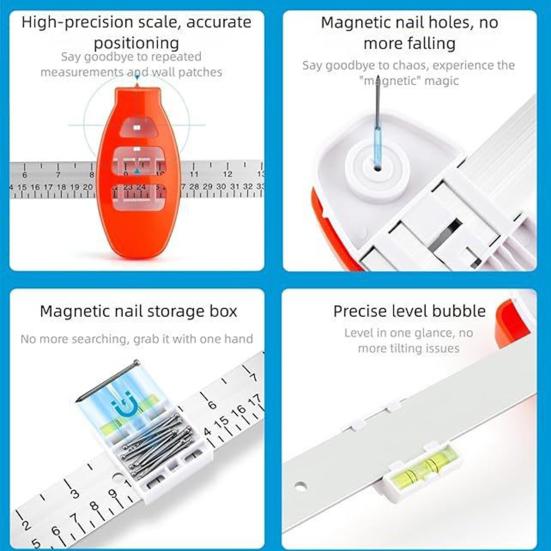 Level Ruler Picture Hanging Tool with Spirit Level 3-in-1 Precision Marking Guide Frame Alignment Tool Home Decoration
