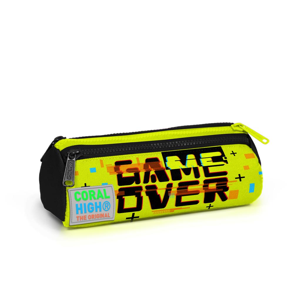 coral high Dziecięca czarna neonowożółta torba piórnikowa Game Over z trzema przegródkami 22028