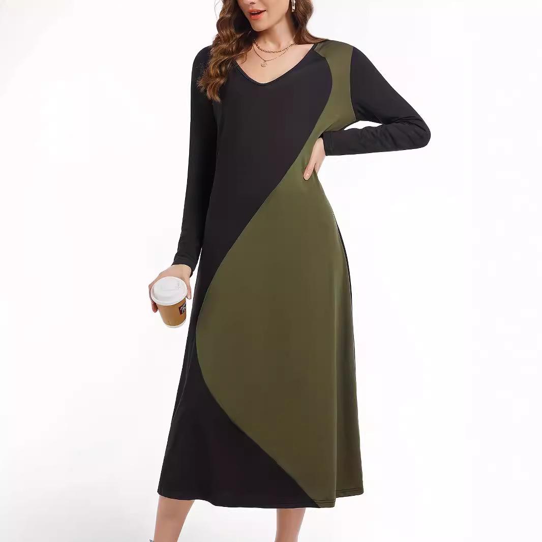 

2024 Trendy V-Neck Color Block Patchwork Long Sleeve Dress M серый