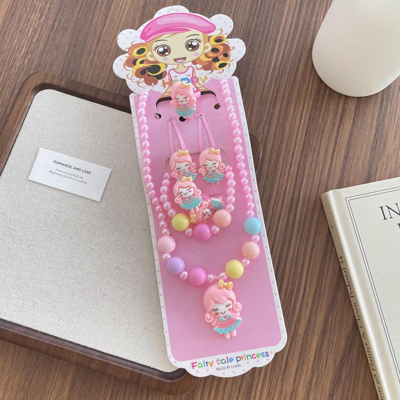 Трансграничный мультяшный набор украшений для девочек: Жемчужное ожерелье, браслет и резинка для волос - Коллекция «Принцесса Пинк»