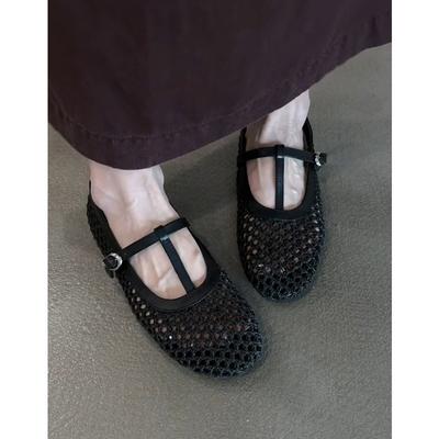 Mode Retro Geweven Uitgesneden T-Strap Mary Jane Schoenen Dames 2025 Nieuw Ronde Neus Platte Schoen